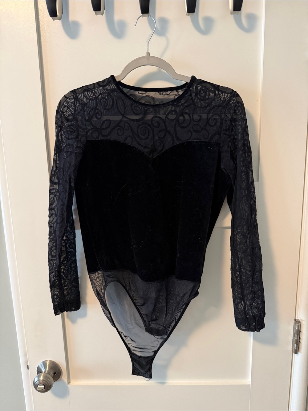 Black Lace & Velvet Long Sleeve Bodysuit - Women's